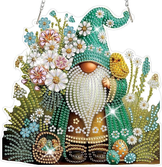 HEIBAGO Easter Gnome Diamond Art Hanging Kits for Adults, Diamond Art Suncatchers Egg, 5D Special Shape Diamond Painting Pendant, DIY Window Ornament Gifts for Home Garden Door Wall Decor 8.3 x 8.3 In