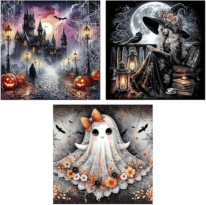3 Pack Diamond Art Kits for Adults, Halloween Diamond Painting Kits for Adults, 5D DIY Round Drill Gem Art Paint With Diamonds Dots Crafts Kits for Home Decor Gift 14x14inch (Ghost Witch and Castle)