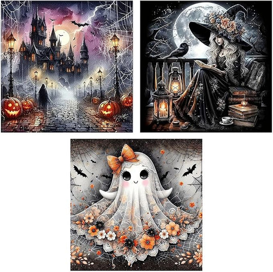 3 Pack Diamond Art Kits for Adults, Halloween Diamond Painting Kits for Adults, 5D DIY Round Drill Gem Art Paint With Diamonds Dots Crafts Kits for Home Decor Gift 14x14inch (Ghost Witch and Castle)