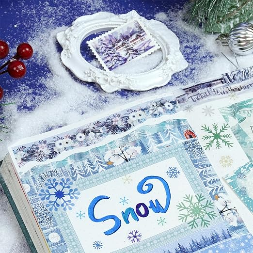 YUBX Winter Washi Tape Set 18 Rolls Landscaping Snow Embellishment Blue White Decorative Masking Tapes for Arts, DIY Crafts, Journals, Planners, Scrapbook, Wrapping