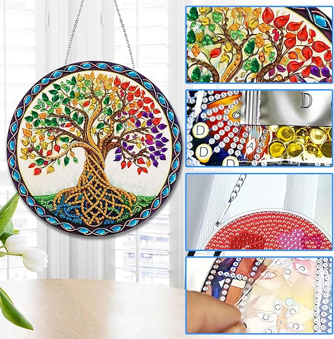 Reofrey Hanging Diamond Art Kits for Adults - 8x8 Inch Tree Acrylic Board Double Sided Pattern Diamond Painting Suncatcher Pendant, DIY Crystal Art for Home Wall or Window Decoration Handmade Gift