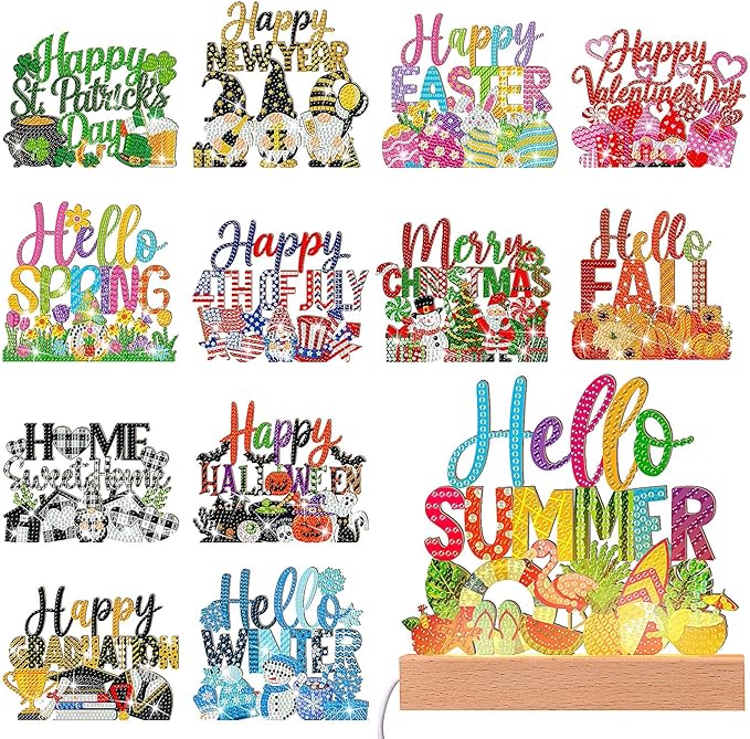 Chunful 13 Pcs Interchangeable Seasonal Diamond Art Tabletop Seasonal Holiday Diamond Art Painting Kit with Wooden Light Base for Table Tiered Tray Home Office Tabletop Centerpiece Decor
