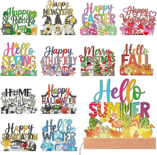 Chunful 13 Pcs Interchangeable Seasonal Diamond Art Tabletop Seasonal Holiday Diamond Art Painting Kit with Wooden Light Base for Table Tiered Tray Home Office Tabletop Centerpiece Decor