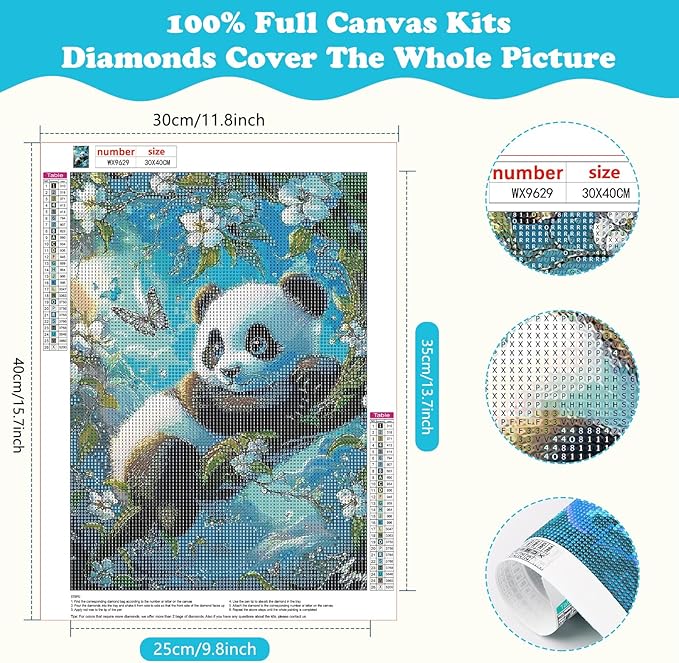SENQAO Panda Diamond Painting Kits for Adults DIY 5D Diamond Art Paint with Round Diamonds Full Dril Gem Art Flower Panda Painting Kit for Home Wall Decor Gifts 12x16inch