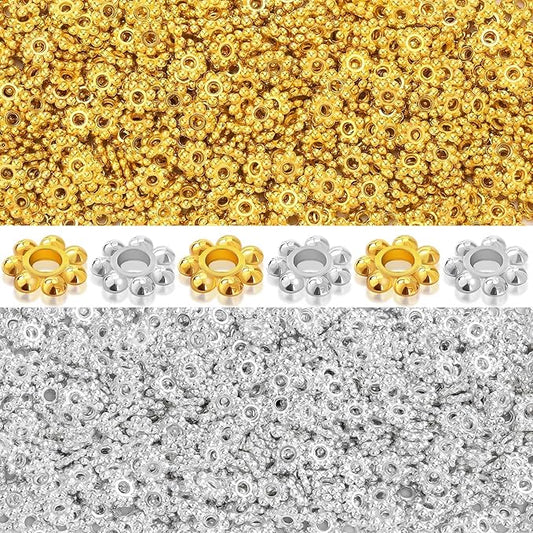 Augshy 700 Pcs Silver and Gold Daisy Flower Spacer Beads for Jewelry Making, Crafts, Hair Beads, Friendship Bracelets, Birthday Party Decorations