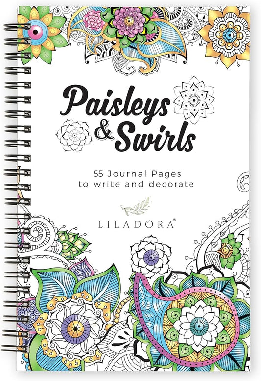 LILADORA Paisleys and Swirls 2-in-1 Adult Coloring Book & Journal for Women | 55 Pages Floral & Mandala Designs | Easter Basket Stuffers | Stress Relief Gifts | Adult Coloring for Relaxation