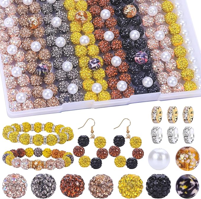 AIPRIDY Jewelry Making Beads Set, 300 PCS 10mm Rhinestone Clay Beads, 8mm Mixed Color Spacer Beads with Pearl and Floral Beads for DIY Jewelry Making (19# Mixed)