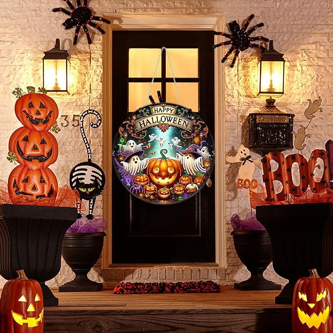 JJFox DIY Halloween Acrylic Diamond Art Painting Wreath Kits Special Shaped Rhinestone Diamond Art Window Pendants Home Garden Wall Hanging Kits Hanging Ornament (Ghosts and Pumpkins)