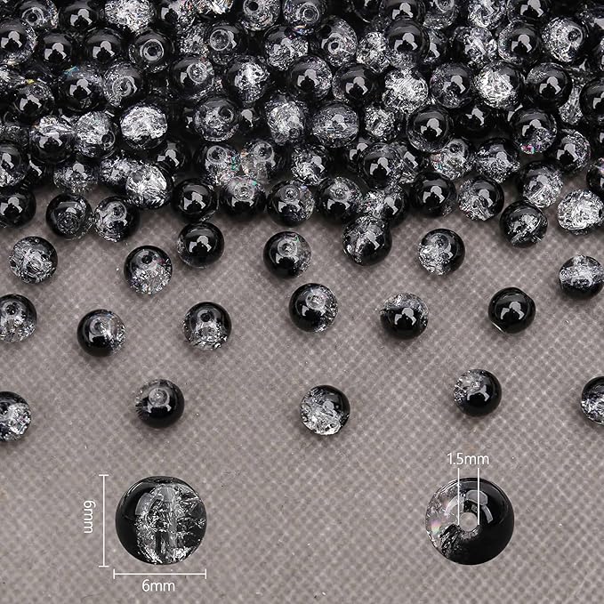 300PCs 6mm Black Crackle Glass Beads Bulk, Round Smooth Hole Glass Crystal Beads for Jewelry Making, DIY Bracelets, Necklaces, Bag Charms, Keychains and Craft Projects