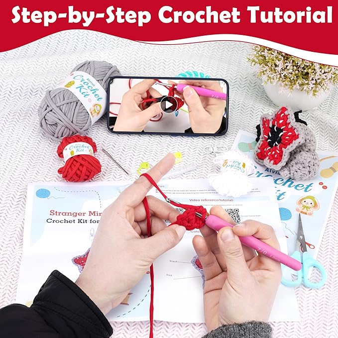 Alvian Mini Monster Crochet Beginner Kit - Amigurumi Demogorgon Keychain Craft Set Complete with Yarn, Tools & Step-by-Step Video Tutorial