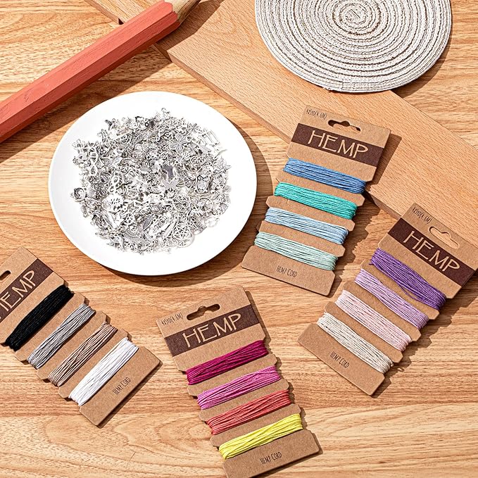 Quelay Hemp Cords Jewelry DIY Making Kits, 16 Pcs 84 Yards Flax String Cord, Natural Twine Rope and 194 Pcs Silver Bracelet Charms for Friendship Bracelet Necklace Making, Keychain Gift Craft Making