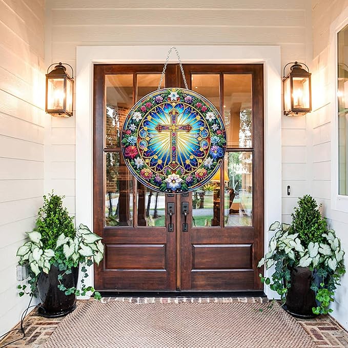 DIY Acrylic Diamond Art Painting Wreath Kits Special Shaped Rhinestone 5D Diamond Art Window Pendants Home Garden Wall Hanging Kits Hanging Ornament (Cross-2)