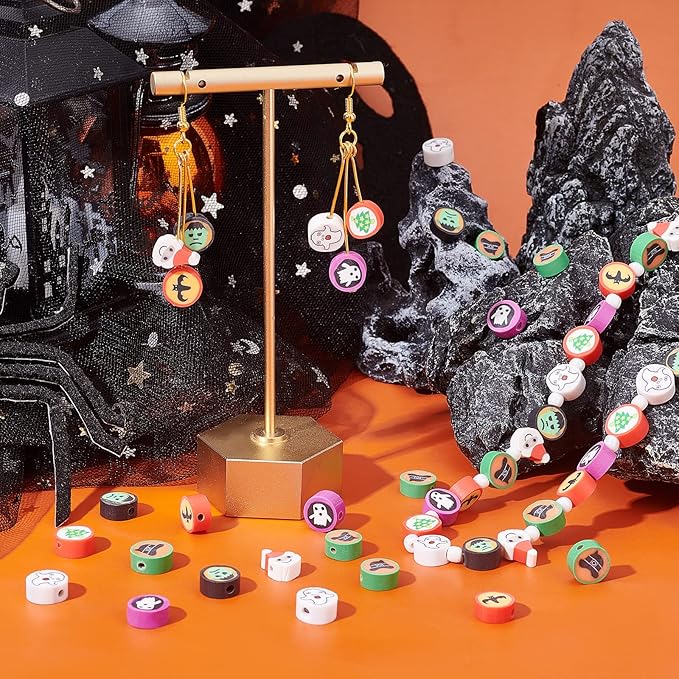 SUNNYCLUE 1 Box 200Pcs Halloween Polymer Clay Bead Ghost Skull Face Bat Handmake Polymer Clay Beads Pumpkin Flat Round for Jewelry Making Charm Earring Choker Bracelet Necklace Random Pattern