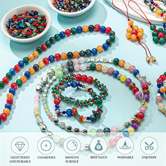 HSZCTUY Glass Beads for Jewelry Making, Assorted Beads for Bracelet Making Kit, Including Round Beads, Rondelle Beads, Facted Crystal Bicone Beads, Chip Stone Beads, Jewelry Beads for DIY Accessories