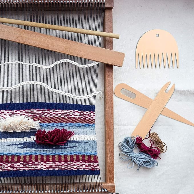 WILLBOND 7 Pieces Wood Hand Loom Stick Set Include 5 Pieces Wood Weaving Crochet Needle with Shuttles Weaving Stick and Weaving Comb for Knitted Crafts DIY