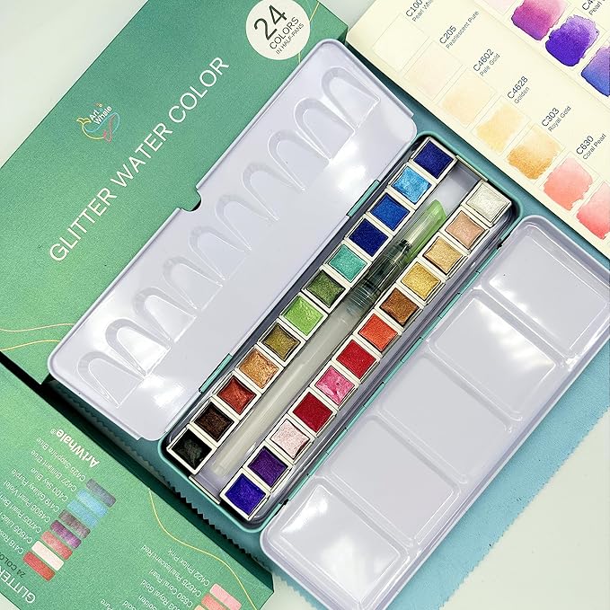 Metallic Watercolor Paint Set 24 Colors Half-Pans in Tin Box with Water Brush, High Pigment Multi-Effect Metallics, Works on Light & Dark Paper, Non-Toxic