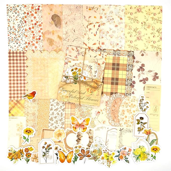 OKUPAN Vintage Floral Scrapbook Paper & Journaling Stickers (100pcs) Assorted Set (Yellow) - Scrapbook Supplies for Bullet Journaling, Retro Crafts, Planner, Mixed Media, Card Making