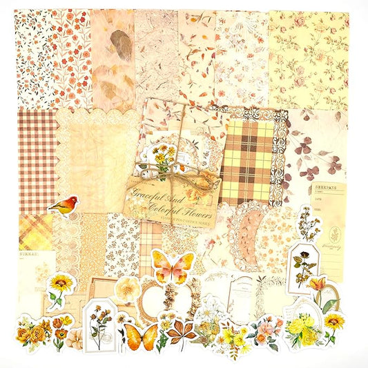OKUPAN Vintage Floral Scrapbook Paper & Journaling Stickers (100pcs) Assorted Set (Yellow) - Scrapbook Supplies for Bullet Journaling, Retro Crafts, Planner, Mixed Media, Card Making