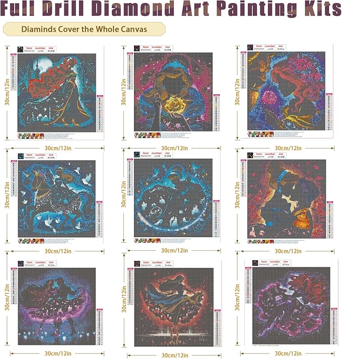 KEYRANKE 9 Pack Princess Diamond Painting Kits for Adults 5D DIY Diamond Art Kit Paint with Round Full Drill Diamonds for Beginners Gem Paintings Art for Home Wall Decor Gifts (12X12 Inch)