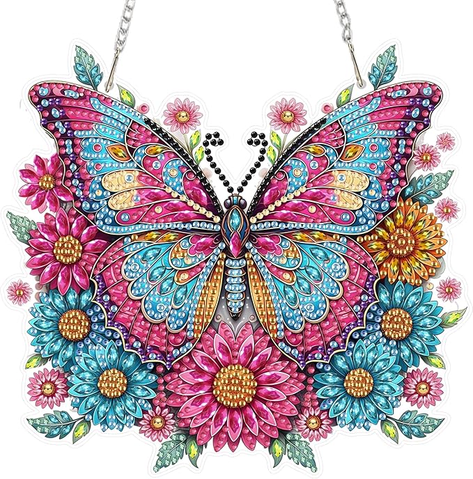 MEIYUDA Butterfly Hanging Diamond Art Kits for Adult, Flowers Butterfly Diamond Painting Hanging Kits Ornaments, DIY Special Shaped Rhinestone Window Pendants kit for Home Garden Wall Decor Gift