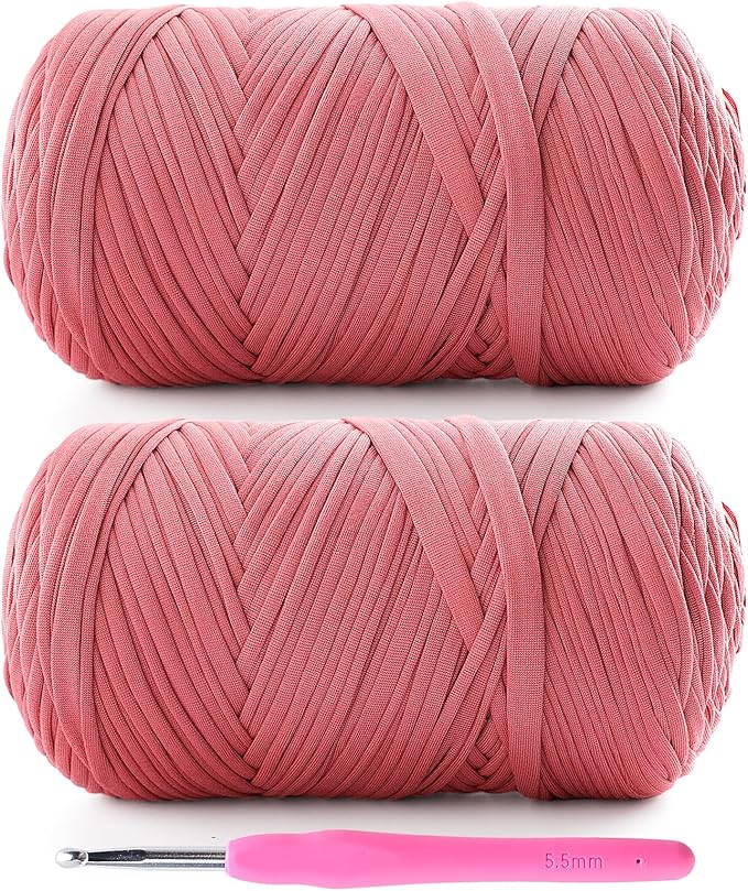 2 Pack T-Shirt Yarn for Crochet - 800 g/260 yds Elastic Fabric T-Shirt Yarn with 1 Crochet Hook (2, Leather Pink)