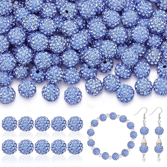 105pcs 10mm rhinestone beads for jewelry making, light blue shiny round disco ball beads bulk, sparkle crystal clay christmas for bracelet baseball necklace earring crafting and diy