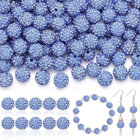105pcs 10mm rhinestone beads for jewelry making, light blue shiny round disco ball beads bulk, sparkle crystal clay christmas for bracelet baseball necklace earring crafting and diy