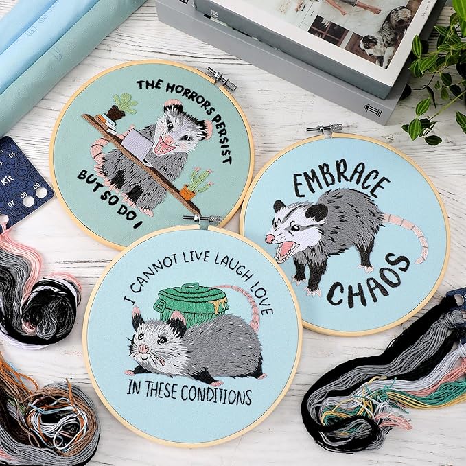 Mindsoft 3 Sets Possum Embroidery Kit with Embroidery Hoop Easy Pattern Needlepoint Kit for Beginners and Adults Hand Crafts Needlepoint Set with Needles Thread and Instruction
