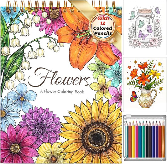 Flower Coloring Book for Adults 41 Unique Single Sided Patterns and 9 Blank Pages with 12 Colored Pencils Set 130GSM Thick Paper Stress Relief & Mindfulness Gift for Women Men, 8.5 X 11in