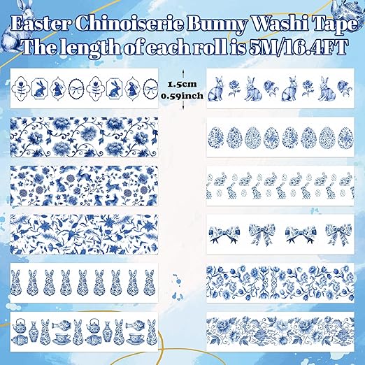 Chinoiserie Bunny Washi Tape - 12 Rolls Blue White Easter Chinese Inspired Rabbit Scrapbook Washi Masking Art Decorative Adhesive Tape Set School DIY Craft Scrapbooking Junk Journal Supplies