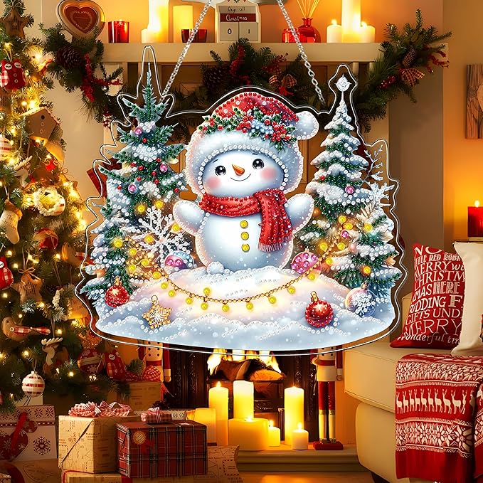 JJFox Diamond Art Hanging Kit for Adult,Special Shaped Rhinestone,Double Sided 5D DIY Acrylic Diamond Art Painting Window Pendants Home Garden Wall Hanging Kits Hanging Ornament (Christmas Snowman)