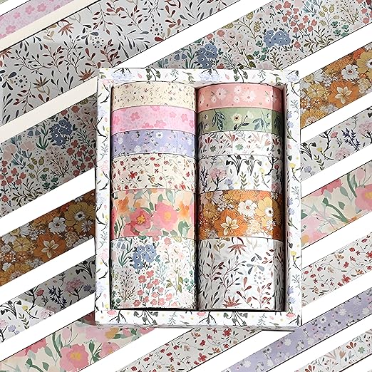 12 Rolls Floral Washi Tape Set - 0.4/0.6/0.8/1.2in Numerous Flowers Design Decorative Tapes for Journaling Scrapbooking Writable Vintage Scrapbook Supplies Letter Gift Craft Tape (Colorful3)