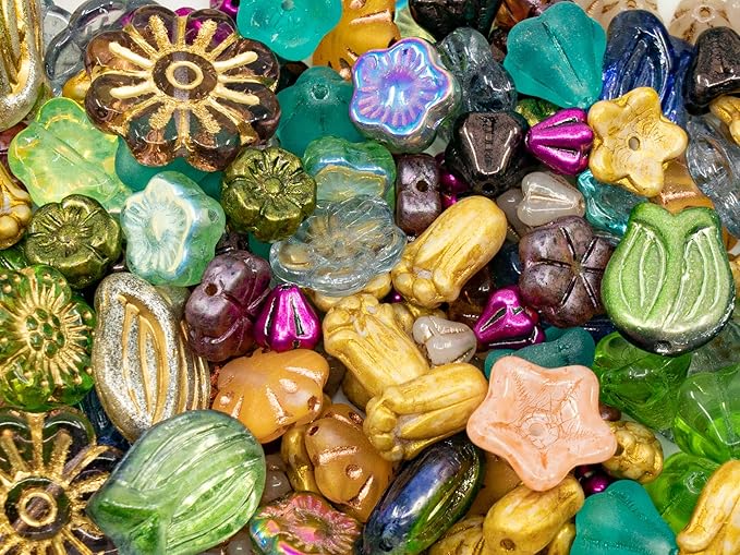 Bohemia Crystal Valley 1.4oz (40g) Summer Mix of Small Czech Glass Flower Beads, Hand Made Set Kit, Bell Flower, Tulip, Bud Beads