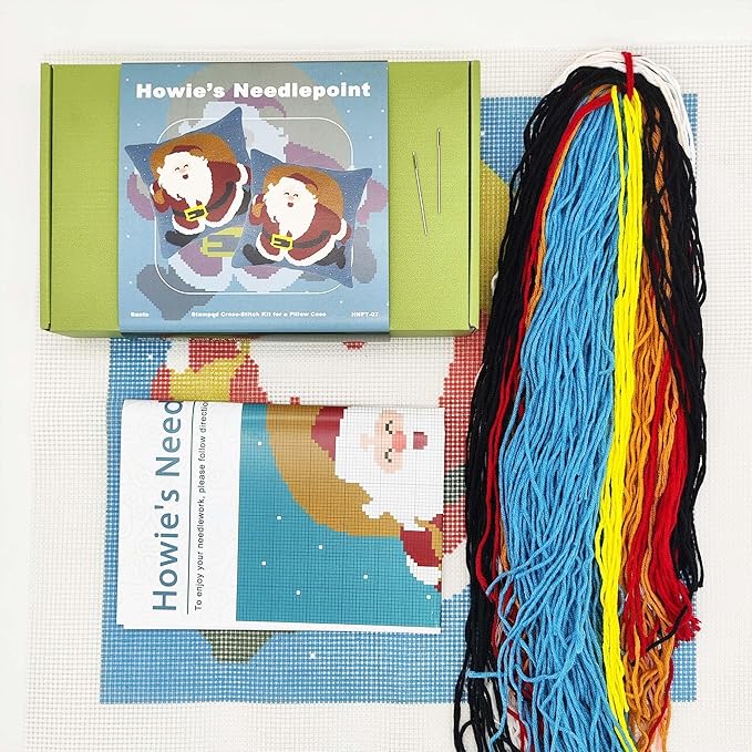 Howie's Needlepoint Needlepoint Kits for Adults, Christmas Pillow Front Cross Stitch Kit with Embroidery Pattern on Canvas, Yarn, 2 Needles and Instruction, 16 x 16inch(Santa)
