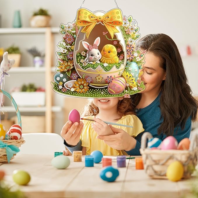DIY Diamond Art Painting Wreath Kits，Special Shaped Rhinestone Hanging Ornament Diamond Art Window Pendants for Gift Home Garden Wall Hanging Kits,Double Sided (Easter Egg)