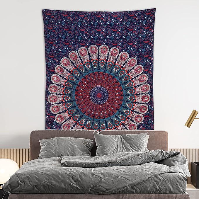 bless international handmade indian hippie bohemian psychedelic peacock mandala wall hanging college dorm beach throws table cloth bedding tapestry (midnight blue, medium(54x60inches)(137x152cms))