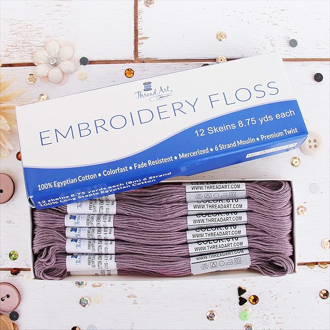 12 Skeins ThreadArt Premium Egyptian Long Fiber Cotton Embroidery Floss | Antique Violet| 6 Strand Divisible Thread 8.75yds Each for Hand Embroidery, Friendship Bracelets, Cross Stitch and Crafts