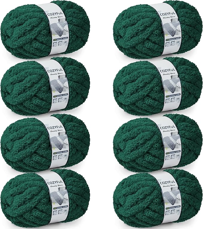Chunky Yarn for Hand Knitting - #10 Chunky Chenille Yarn, Jumbo Big Thick Chunky Yarns for Crocheting, Super Bulky Chunky Knit Blanket Yarns, 8 Skein (25 yds 8 oz Each Skein), Forest Green