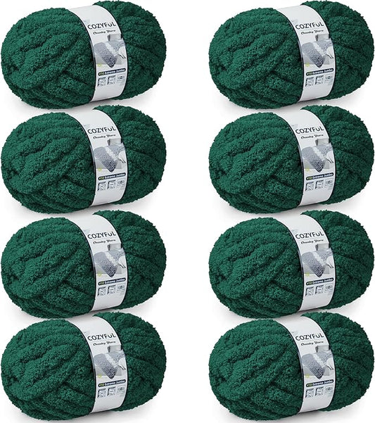 Chunky Yarn for Hand Knitting - #10 Chunky Chenille Yarn, Jumbo Big Thick Chunky Yarns for Crocheting, Super Bulky Chunky Knit Blanket Yarns, 8 Skein (25 yds 8 oz Each Skein), Forest Green
