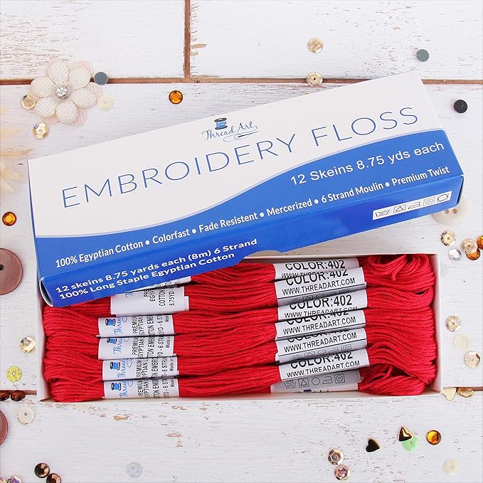 12 Skeins ThreadArt Premium Egyptian Long Fiber Cotton Embroidery Floss | Red | 6 Strand Divisible Thread 8.75yds Each for Hand Embroidery, Friendship Bracelets, Cross Stitch and Crafts