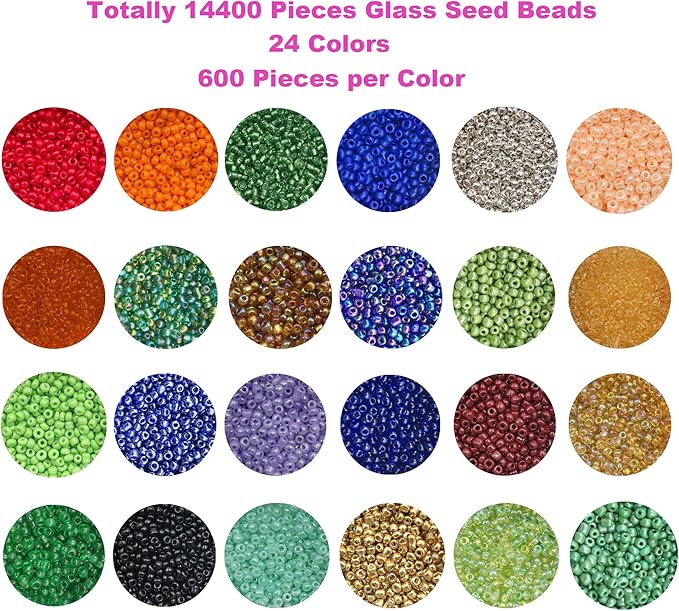 EuTengHao 14400pcs Glass Seed Beads Small Craft Beads for DIY Bracelet Necklaces Crafting Jewelry Making Supplies with Two 0.5mm Clear Bracelet String (600Pcs Per Color, 24 Colors)