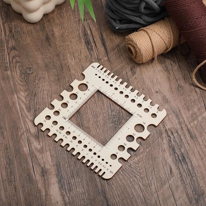 XLIUAX Wooden Rulers, Crochet Stitch Counter Spinner Yarn Measure Needle Gauge Swatch Ruler for Knitting Crochet Gauge Measuring Tool Poplar Square Measuring Tool Multi-Size Holes for Needles(B)