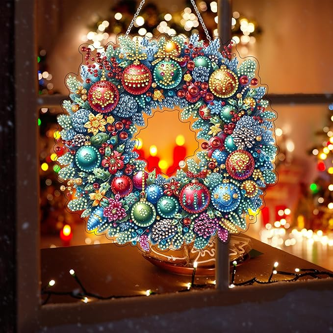 JJFox Diamond Art Hanging Kit for Adult,Special Shaped Rhinestone,Double Sided DIY Acrylic Diamond Art Painting Window Pendants Home Garden Wall Hanging Kits Hanging Ornament (Christmas wreath2)