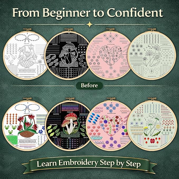 Moni Crafts - Embroidery Kit for Beginners Adults – Learn 41 Stitches with Complete Starter Kit, 4 Pre-Printed Patterns, Threads, Needles & Hoop – Hand Embroidery Kit with Video Tutorials