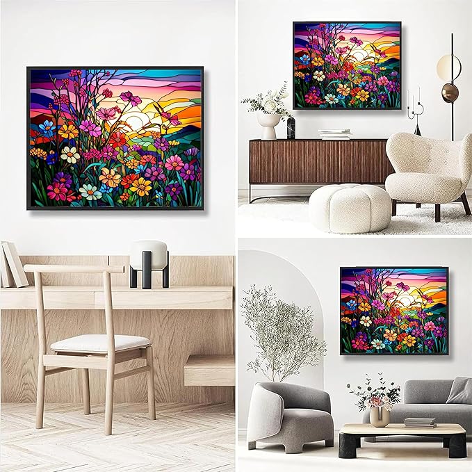 Flower Paint by Numbers for Adults with Framed Canvas-with Wooden Easel,Paint by Number on Canvas Stained Glass,DIY Acrylic Oil Painting Kits with Brushes Nice Gift Box for Home Wall Decor(16x20inch)