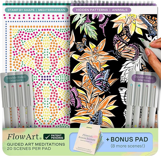 Lifelines FlowArt Activity Pads, 2-Pack with 8 Double-Sided Markers, 40 Scenes & Bonus Pad - Guided Dot Art Meditations - Stamp-by-Shape & Hidden Patterns Coloring Books for Tweens, Adults & Seniors