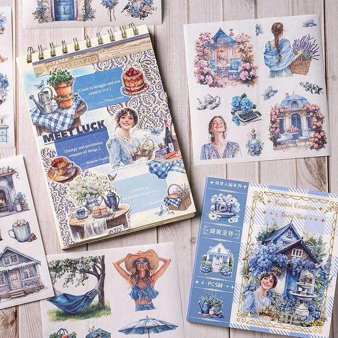 Garden Junk Journal Stickers, 50 Sheets Washi Journaling Sticker Book, Scrapbook Supplies, Watercolor Scrapbooking for Adults, Blue Decorative Ephemera Arts Craft