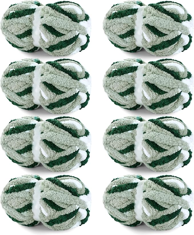 HOMBYS Chunky Tie Dye Mix Chenille Yarn for Hand Knitting, Super Bulky Jumbo Yarn for Crocheting, 3/4" Thick Soft Plush Yarn for Blankets, 8 Skein Pack (26 yds / 7.5 oz Each) Green Multi White