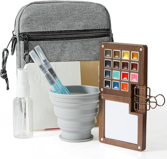 Mini Paint Palette Travel Kit - 15-Colors Pocket Artist Water Color Travel Set with Crossbody Bag, Watercolor Journal, Metal Clip, Paint Water Cup, Water Brush, Wooden Paint Box for Painters Artists