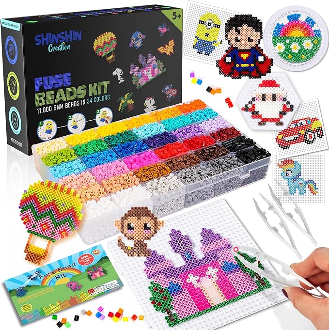 xl fuse beads kit, melty beads melting for kids crafts | iron for kids kit - fuse pegboards, pearler hama compatible - 11000pcs 5mm